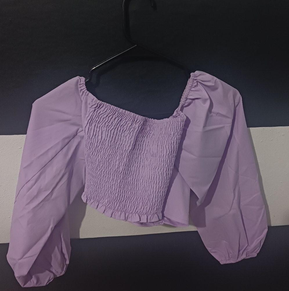 Women Lila purple puff sleeves bow blouse top - Picture 6 of 12